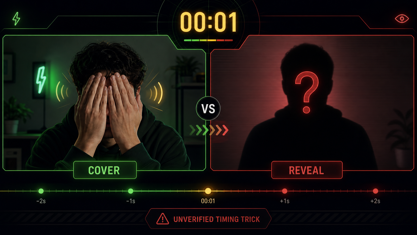 A 1-second Omoggle countdown hand-cover trick labeled as unverified